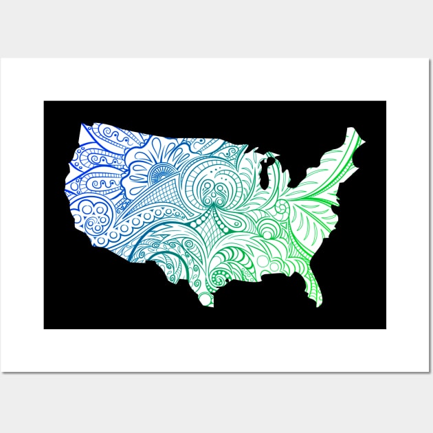 Colorful mandala art map of the United States of America in blue and green on white background Wall Art by Happy Citizen